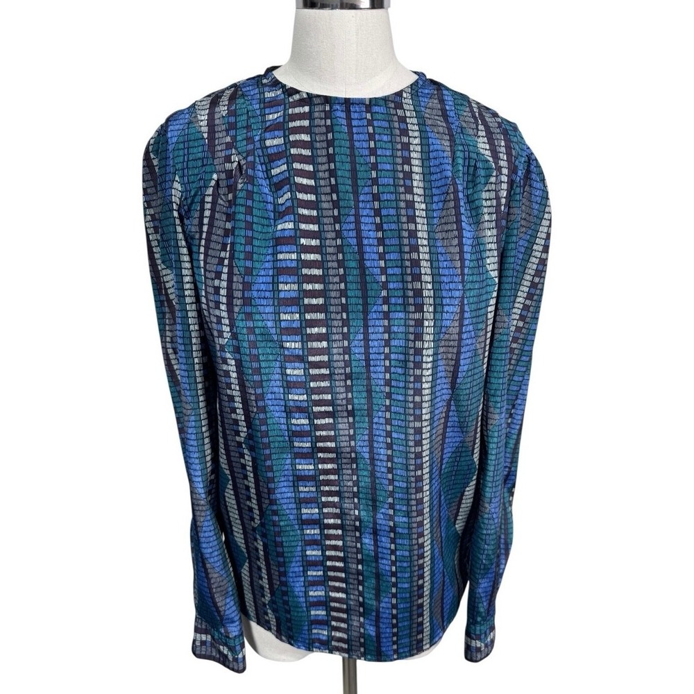 Vintage‎ Ashley Hall Abstract Print Blouse Pintuck Detail Art Deco Y2K Top Med